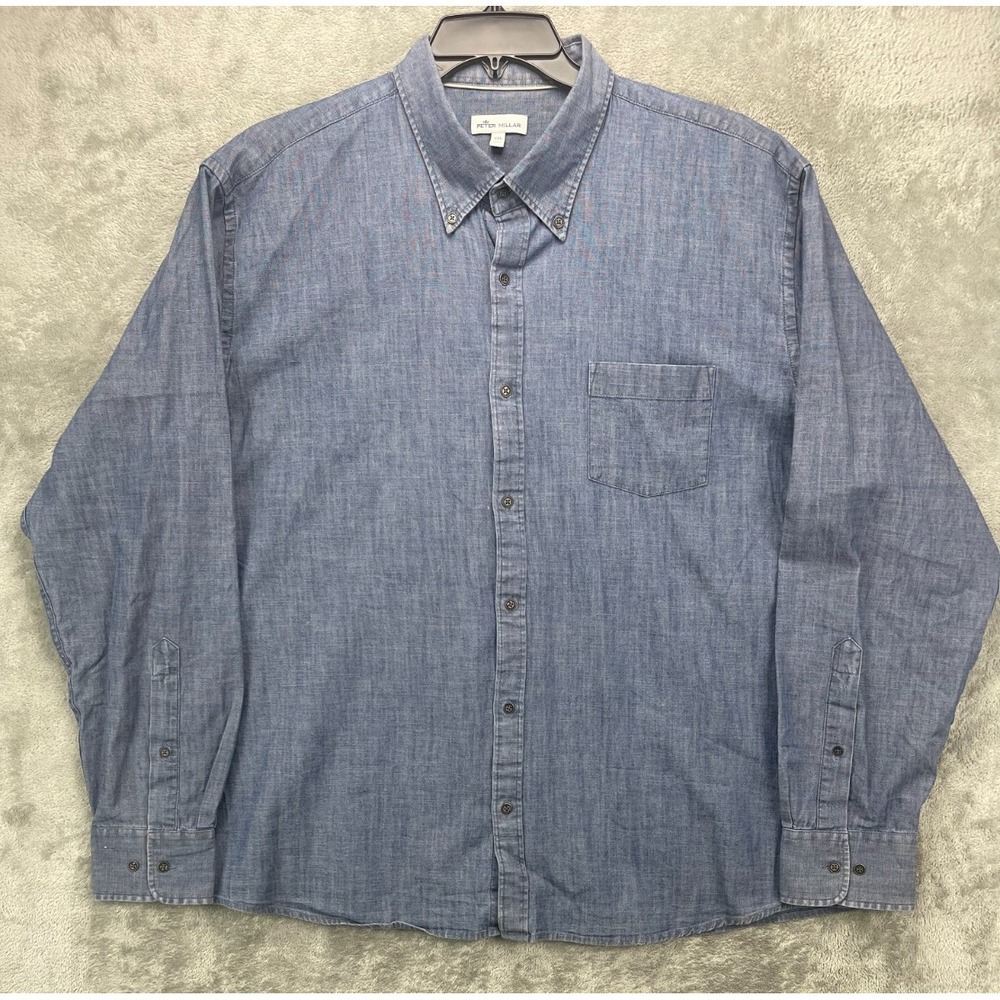 Peter Millar Mens Chambray Shirt XXL Blue Cotton Long Sleeve Button Up Preppy